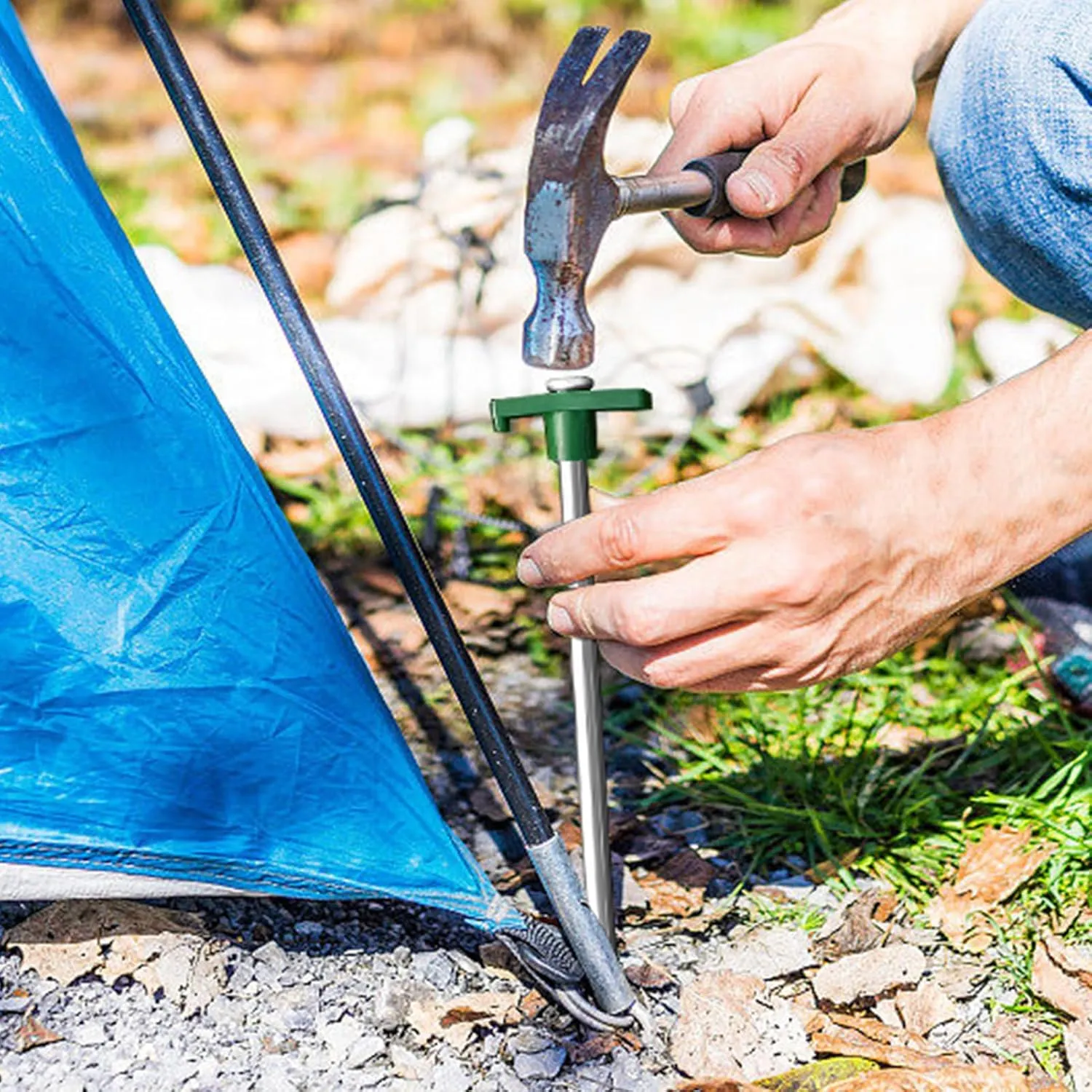 Eurmax USA Galvanized Non-Rust Camping Family Tent Pop Up Tent Stakes Canopy Anchors Heavy Duty 10pc-Pack, with 4x10ft Ropes & 1 Green Stopper