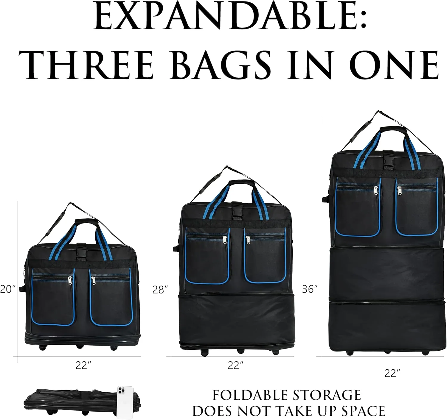 Expandable Lightweight Duffle Bag (40"") Rolling wheeled Spinner Suitcase Luggage for Travel and Storage - (Pack of 2) (Blue Trim), NAVBL2PK40