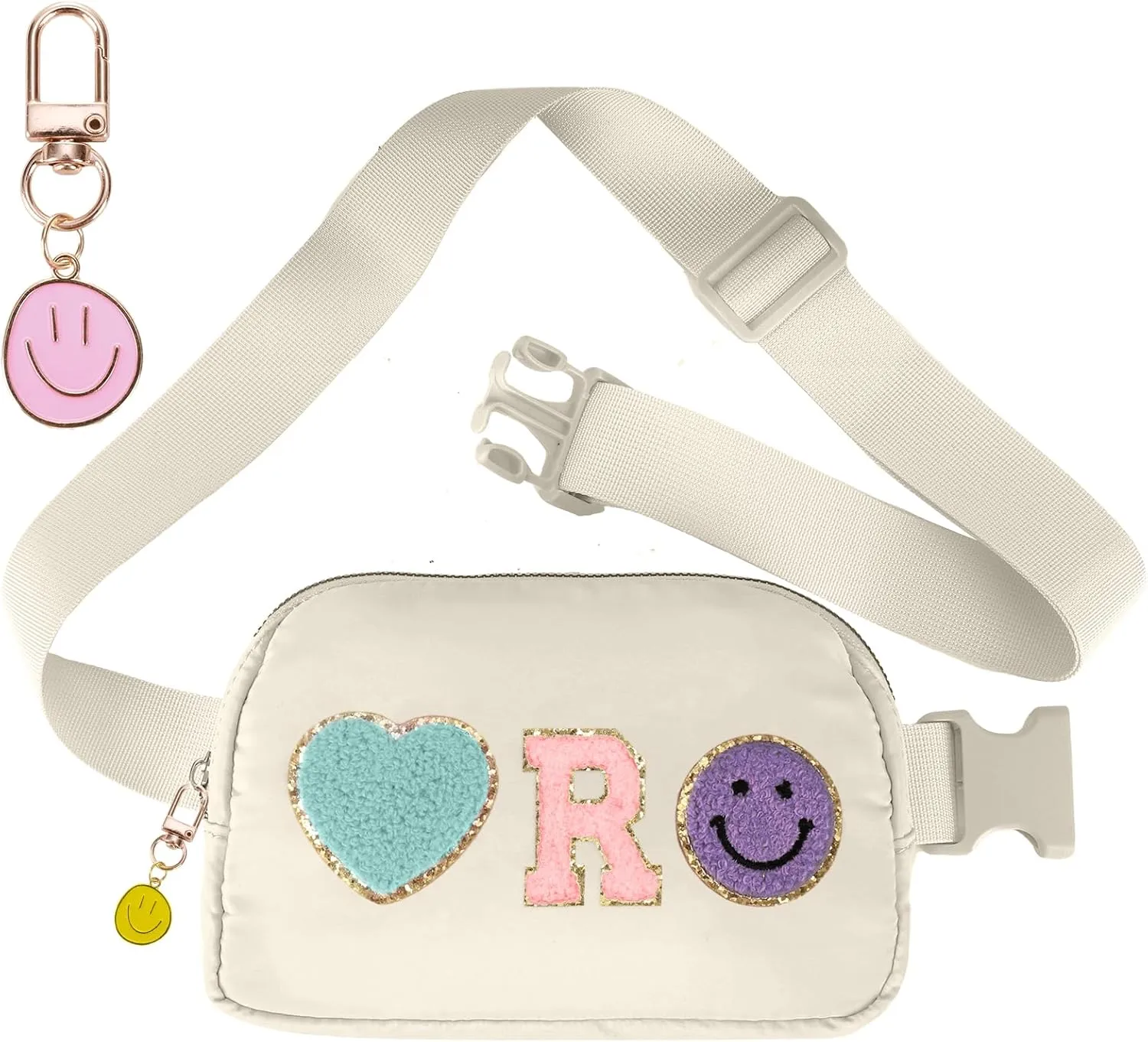 Fanny Pack for Girls 4-14, Nylon Kids Crossbody Bag Belt Bag with Keychain, Cream (Cream R)