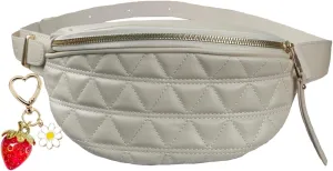 Fanny Packs for Women Crossbody Belt Bag Fashion Waist Purse Quilted Bum Pouch with Cute Strawberry Keychain for Travel Gifts(Beige Waist Bag)