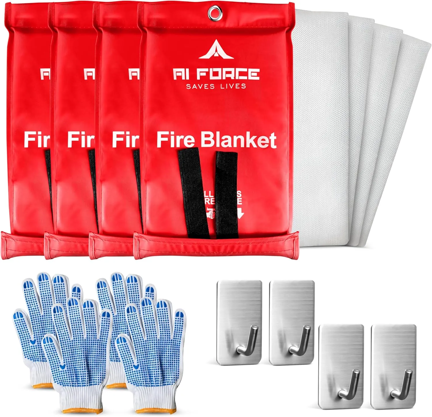 Fire Blanket with Gloves & Hooks (4-Pack, Fiberglass, Red)  Fireproof Emergency Safety Blanket for Home, Kitchen, Fireplace, Camping, BBQ, Grease & Outdoor Fires  Survival Gear