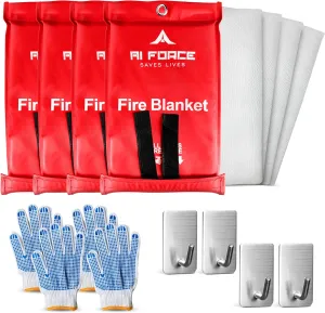 Fire Blanket with Gloves & Hooks (4-Pack, Fiberglass, Red)  Fireproof Emergency Safety Blanket for Home, Kitchen, Fireplace, Camping, BBQ, Grease & Outdoor Fires  Survival Gear