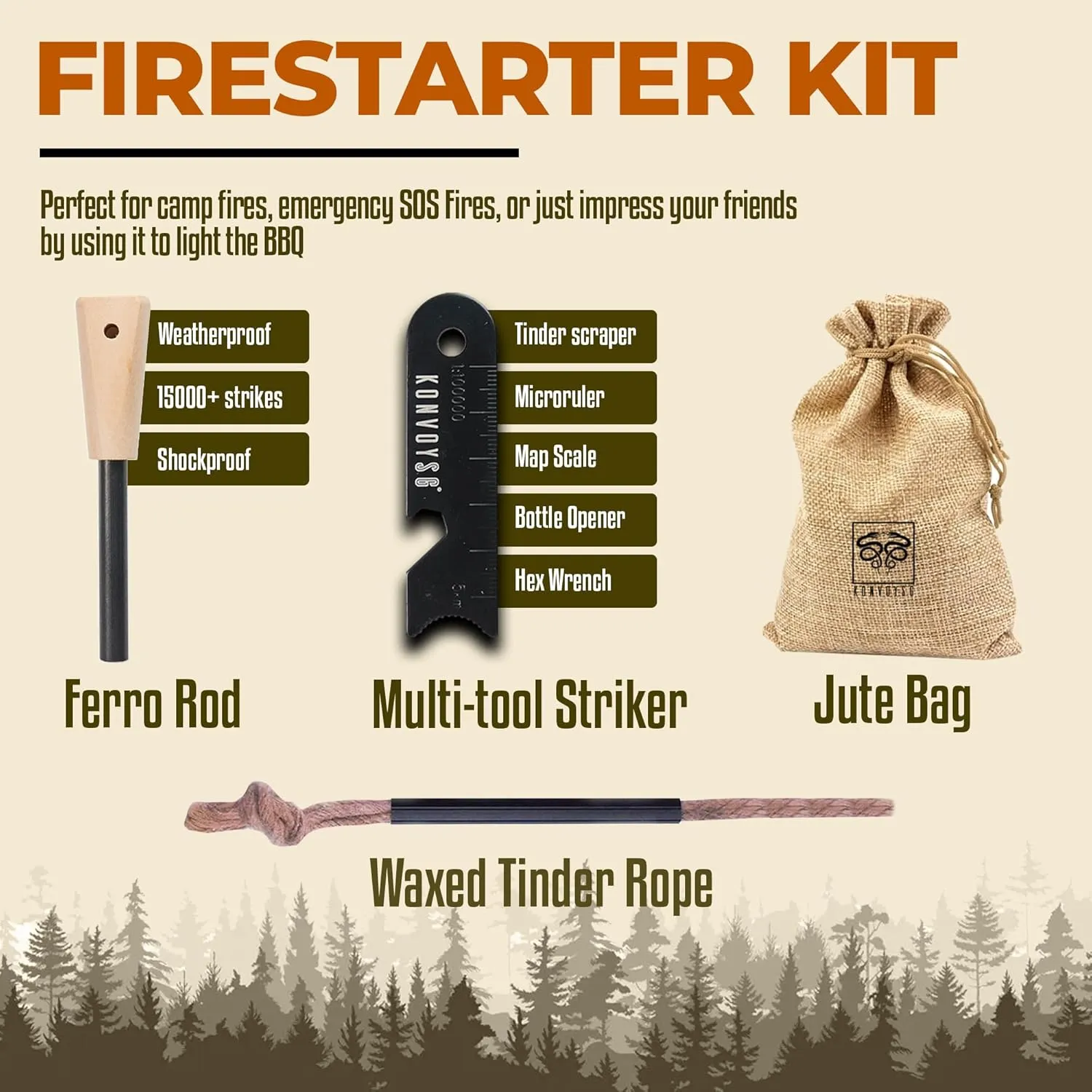 Fire Starter Survival ToolFerro Rod Fire Starter with 11" Waterproof Tinder Wick Rope, Multi-Tool Striker and Extra Jute Bag - All-in-One Flint and Steel Fire Starter Kit.