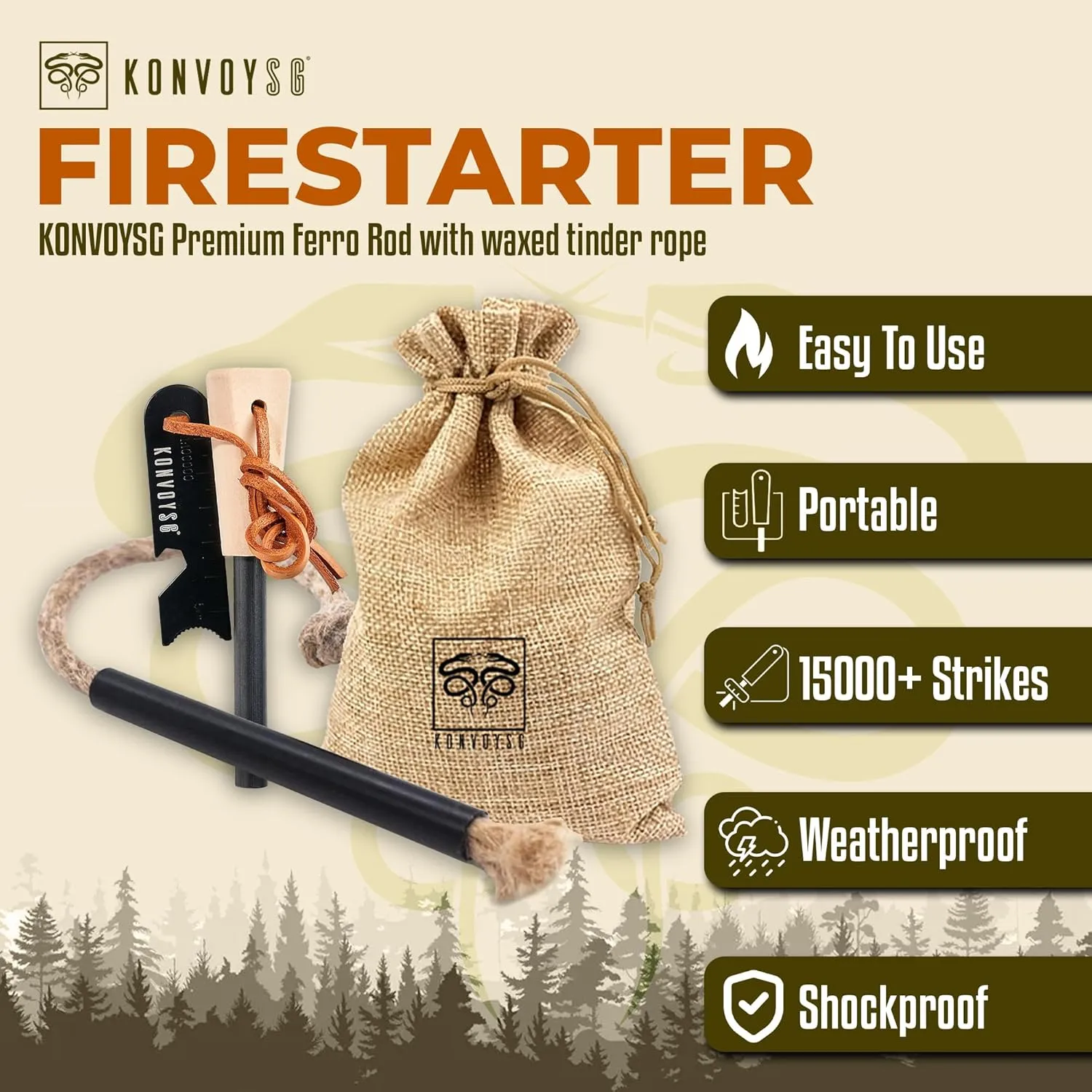 Fire Starter Survival ToolFerro Rod Fire Starter with 11" Waterproof Tinder Wick Rope, Multi-Tool Striker and Extra Jute Bag - All-in-One Flint and Steel Fire Starter Kit.