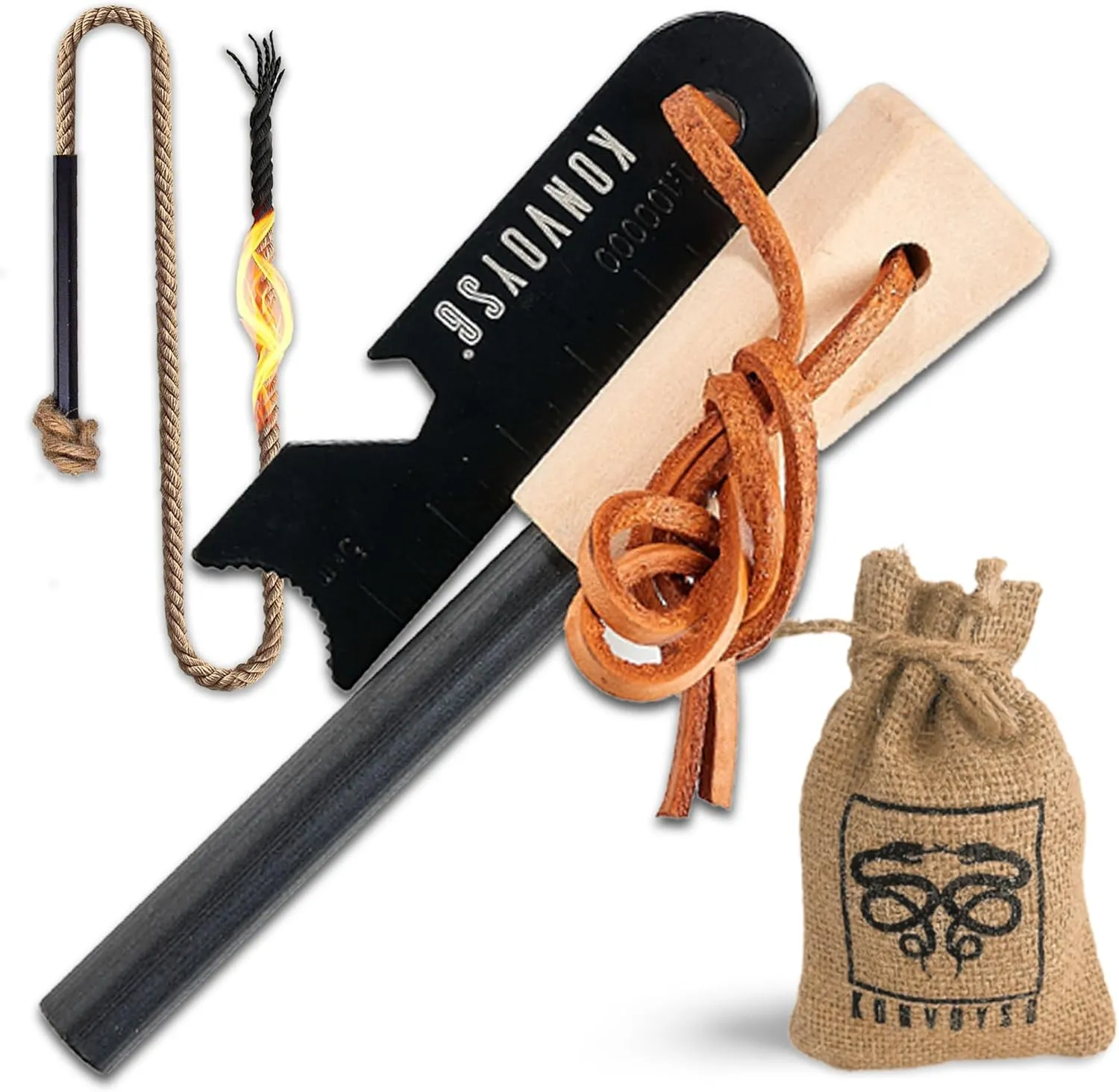 Fire Starter Survival ToolFerro Rod Fire Starter with 11" Waterproof Tinder Wick Rope, Multi-Tool Striker and Extra Jute Bag - All-in-One Flint and Steel Fire Starter Kit.