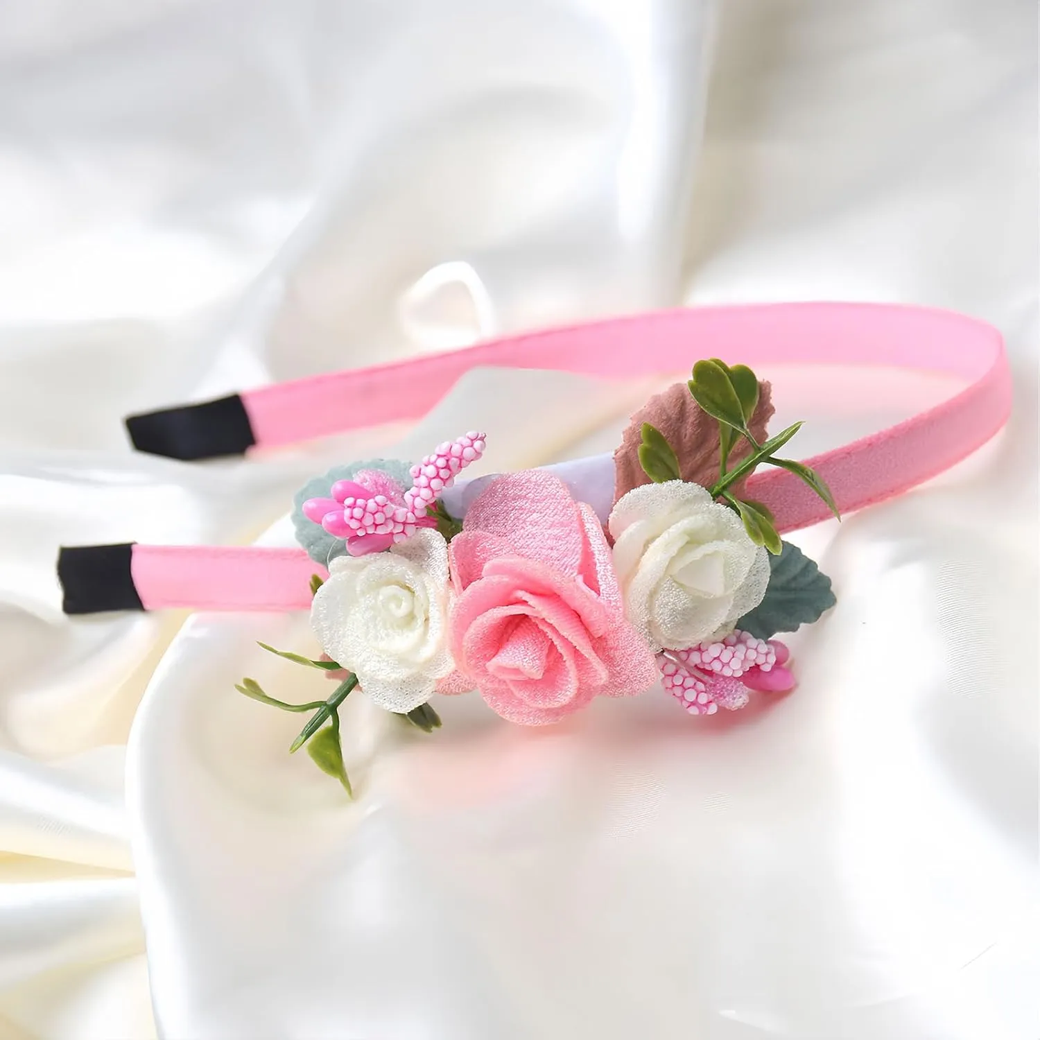 Flower Headband Spring Summer Hair Accessories for Women Girls, Pink White Rose Flowers Hair Bands Green Leaf Decoration Elegant Headdress Party Wedding Supplies Non Slip Head Band 1 Pcs