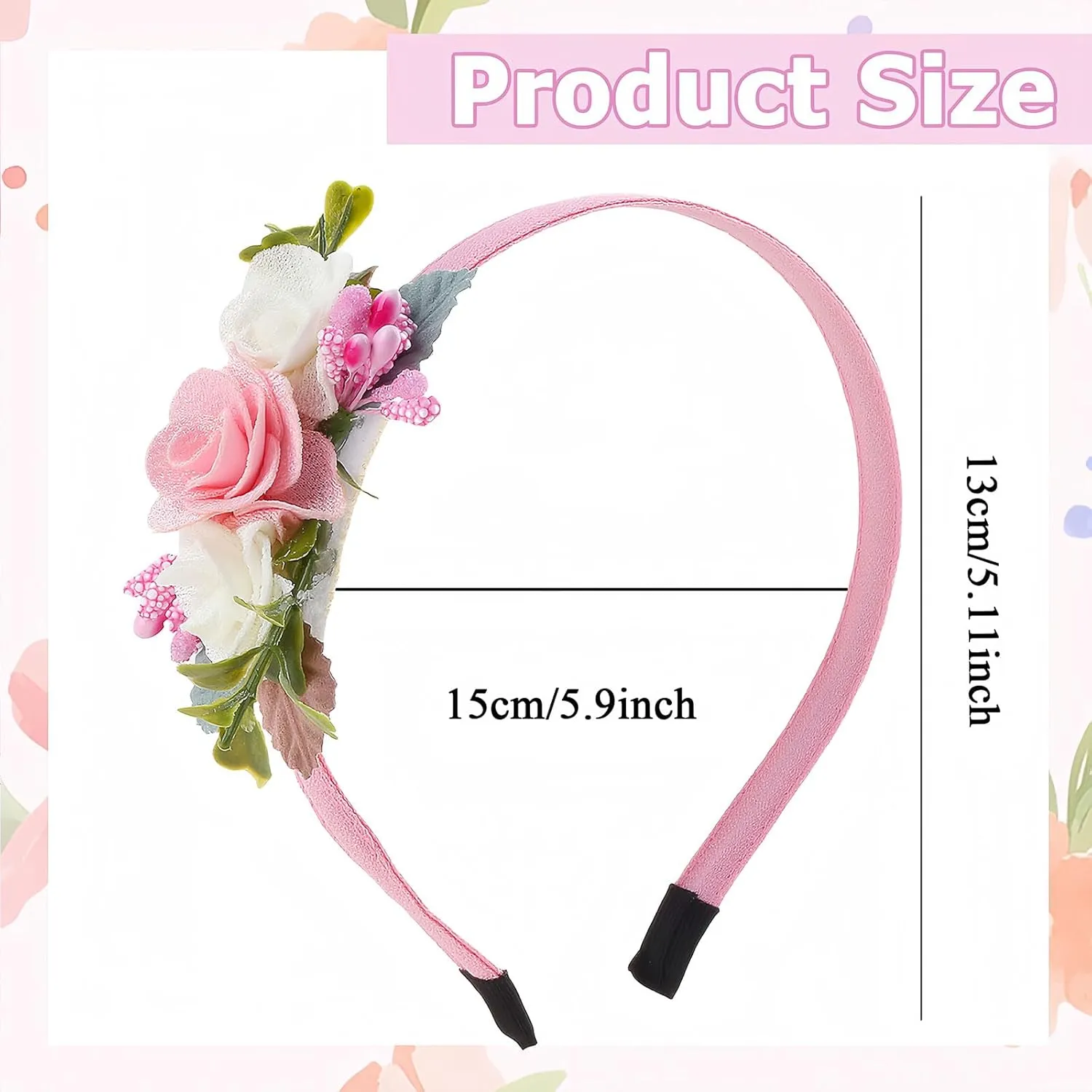 Flower Headband Spring Summer Hair Accessories for Women Girls, Pink White Rose Flowers Hair Bands Green Leaf Decoration Elegant Headdress Party Wedding Supplies Non Slip Head Band 1 Pcs