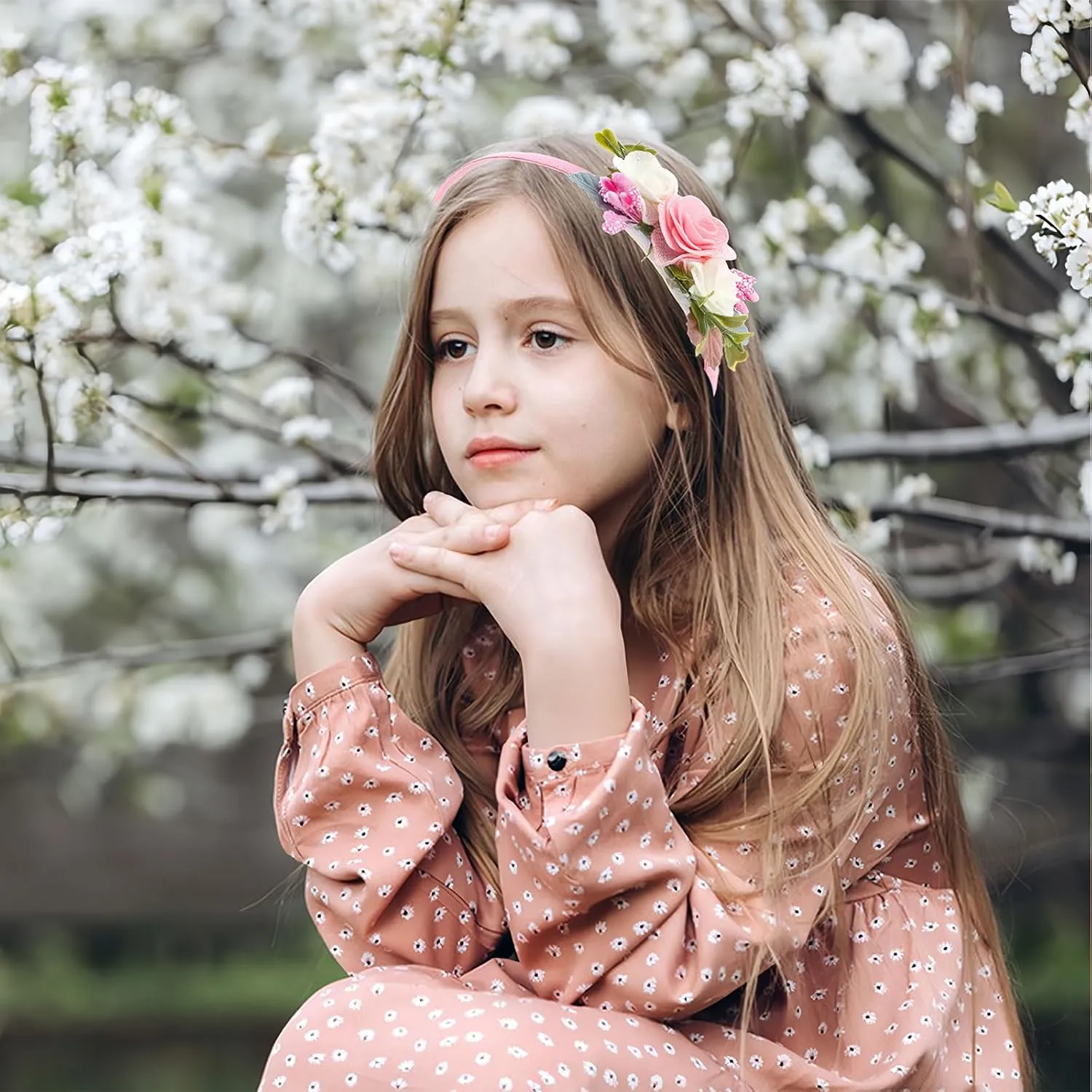 Flower Headband Spring Summer Hair Accessories for Women Girls, Pink White Rose Flowers Hair Bands Green Leaf Decoration Elegant Headdress Party Wedding Supplies Non Slip Head Band 1 Pcs