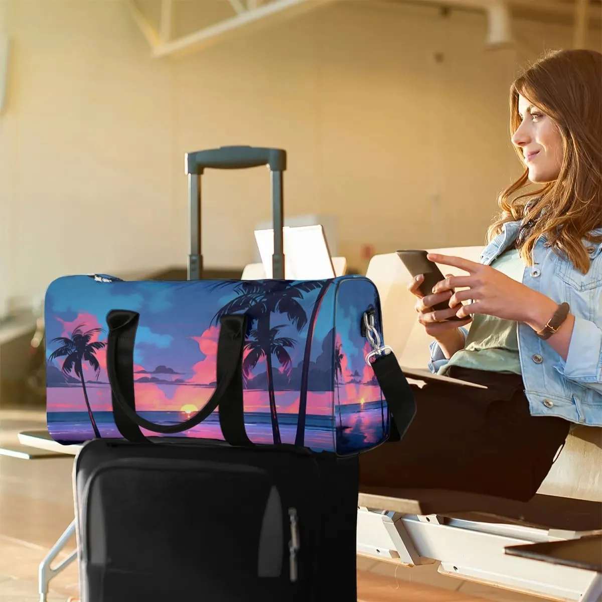 Foldable Travel Bag Beach Sunset Lightweight Carry On Bags for Airplanes Waterproof Travel Duffle Bag For Gym Weekend Overnight