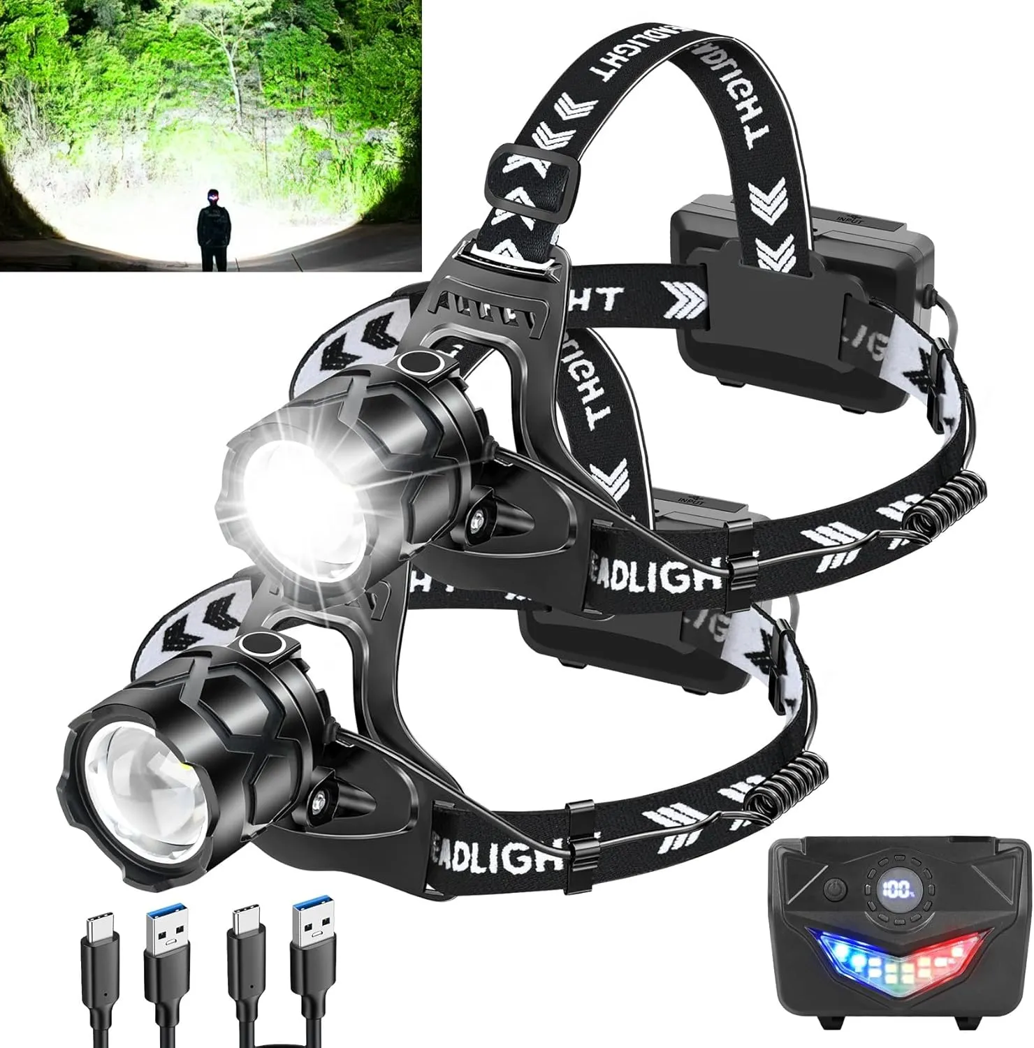 Foleto Rechargeable LED Headlamp, Super Bright Headlight with Motion Sensor, 9 Modes Zoomable Head Lamp, 180Adjustable, IPX7 Waterproof Head Lamp for Camping, Running, Climbing, Hiking (2)