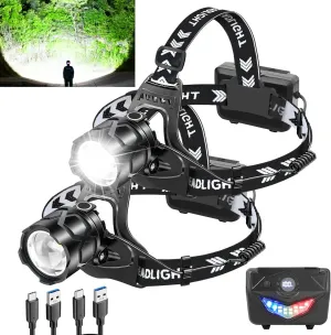 Foleto Rechargeable LED Headlamp, Super Bright Headlight with Motion Sensor, 9 Modes Zoomable Head Lamp, 180Adjustable, IPX7 Waterproof Head Lamp for Camping, Running, Climbing, Hiking (2)