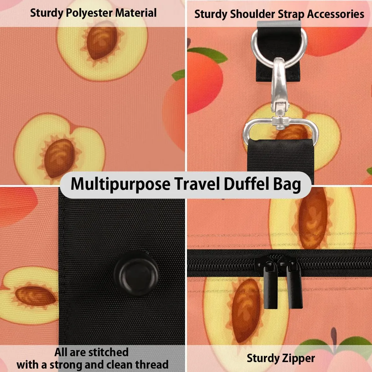 Fruit Peach Foldable Lightweight Duffle Bag for Travel - Waterproof Carry On Bags for Airplanes, Travel Duffel Bags for Gym, Weekend