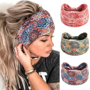 FULZTEY Boho Headbands For Women Fashion Floral Head Band Knotted Wide Headwraps Stretchy Non Slip Yoga Workout Sweat Hairband Thick Turban Large African Bandanas for Hair Accessories 3Pcs