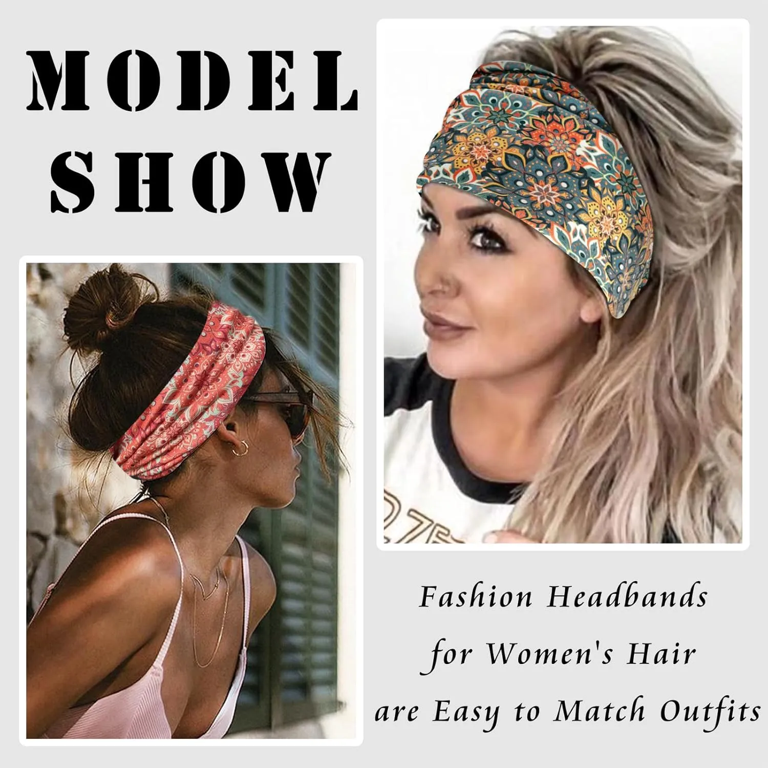 FULZTEY Boho Headbands For Women Fashion Floral Head Band Knotted Wide Headwraps Stretchy Non Slip Yoga Workout Sweat Hairband Thick Turban Large African Bandanas for Hair Accessories 3Pcs