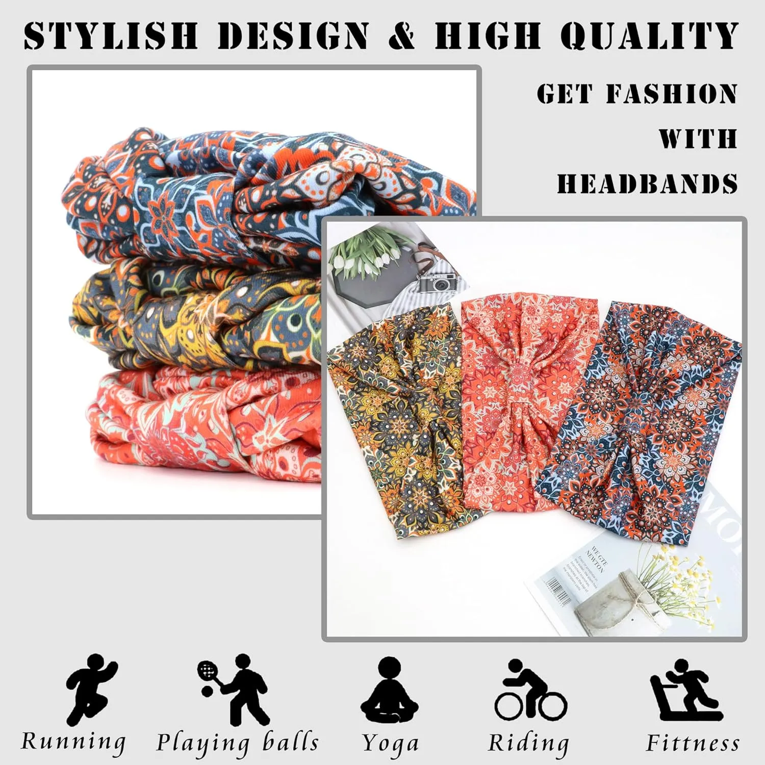 FULZTEY Boho Headbands For Women Fashion Floral Head Band Knotted Wide Headwraps Stretchy Non Slip Yoga Workout Sweat Hairband Thick Turban Large African Bandanas for Hair Accessories 3Pcs
