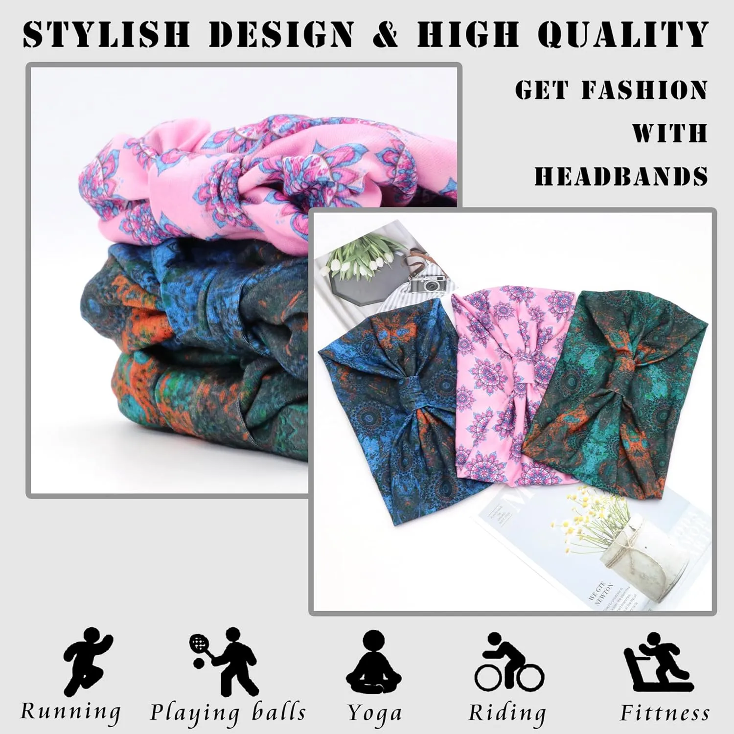 FULZTEY Boho Headbands for Women Fashion Floral Print Hairbands Knotted Wide Head Band Large African Headwraps Elastic Non Slip Yoga Workout Bandana Cotton Thick Turban Hair Accessories 3Pcs
