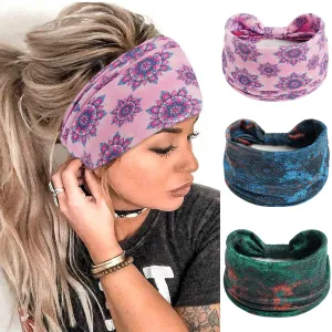 FULZTEY Boho Headbands for Women Fashion Floral Print Hairbands Knotted Wide Head Band Large African Headwraps Elastic Non Slip Yoga Workout Bandana Cotton Thick Turban Hair Accessories 3Pcs