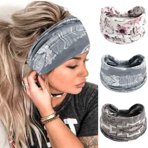 FULZTEY Boho Headbands for Women Fashion Knotted Wide Head Bands Floral Print Hairband Cotton Thick Headwraps Elastic Non Slip Workout Yoga Bandana Large African Turban Hair Accessories 3Pcs