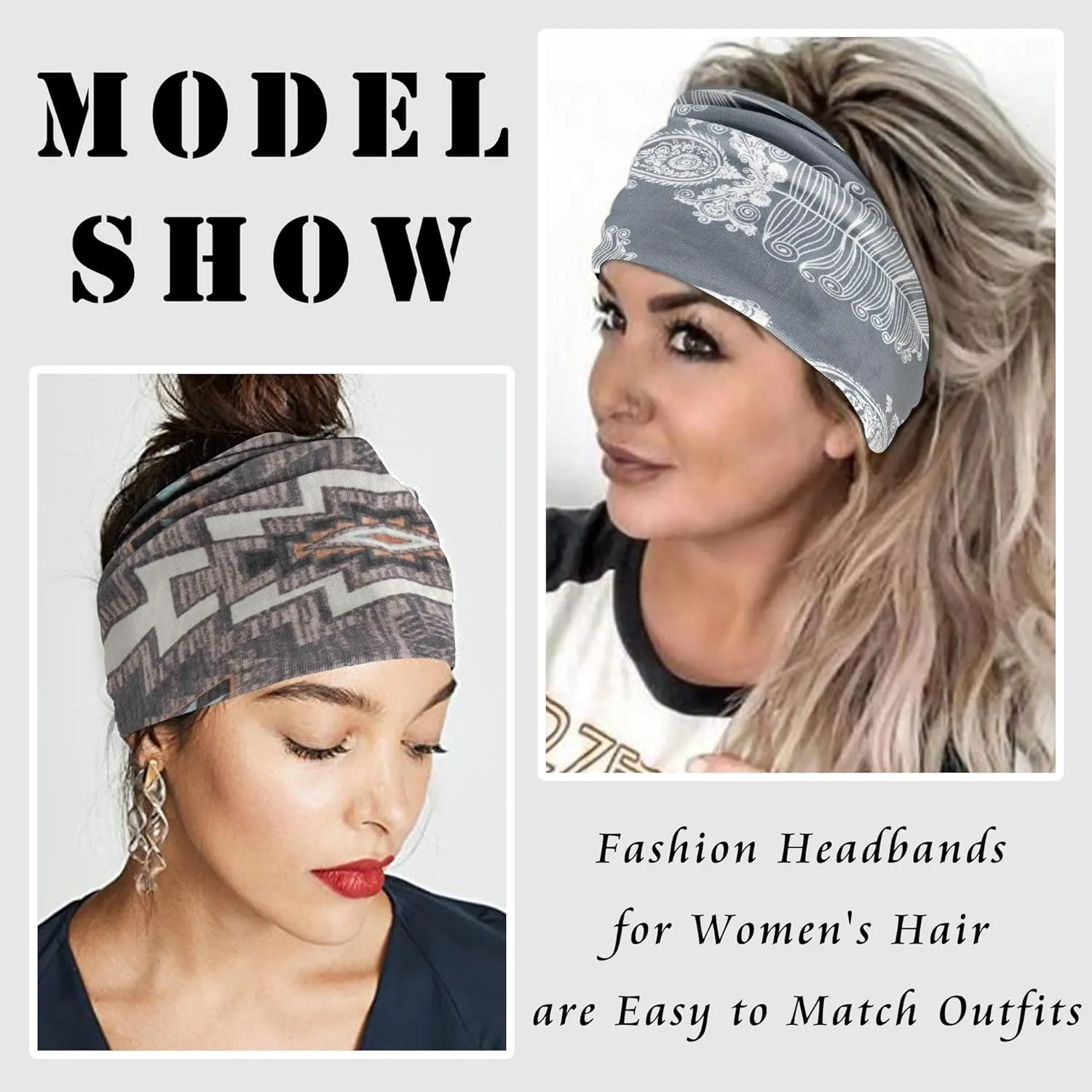 FULZTEY Boho Headbands for Women Fashion Knotted Wide Head Bands Floral Print Hairband Cotton Thick Headwraps Elastic Non Slip Workout Yoga Bandana Large African Turban Hair Accessories 3Pcs