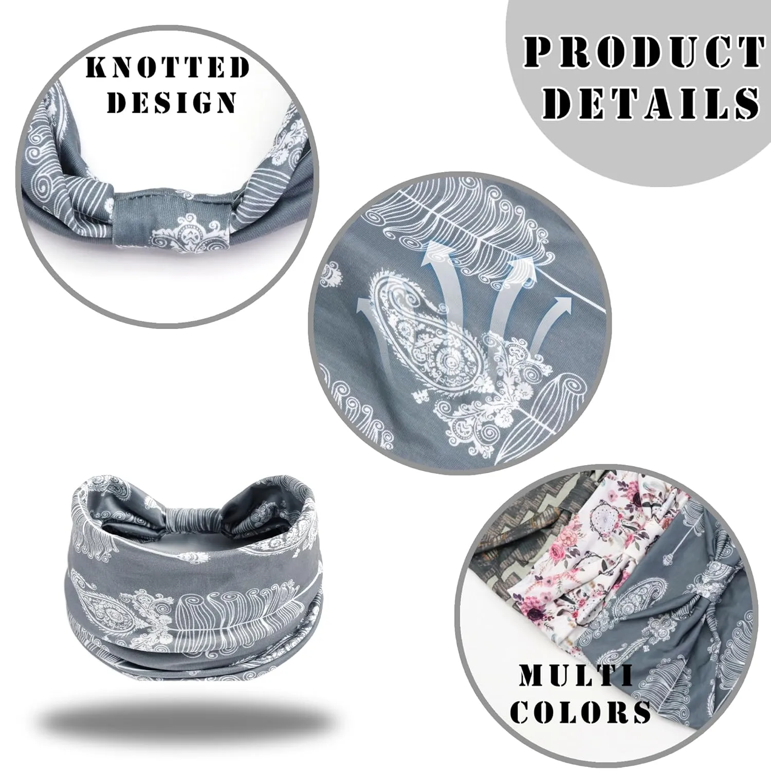 FULZTEY Boho Headbands for Women Fashion Knotted Wide Head Bands Floral Print Hairband Cotton Thick Headwraps Elastic Non Slip Workout Yoga Bandana Large African Turban Hair Accessories 3Pcs