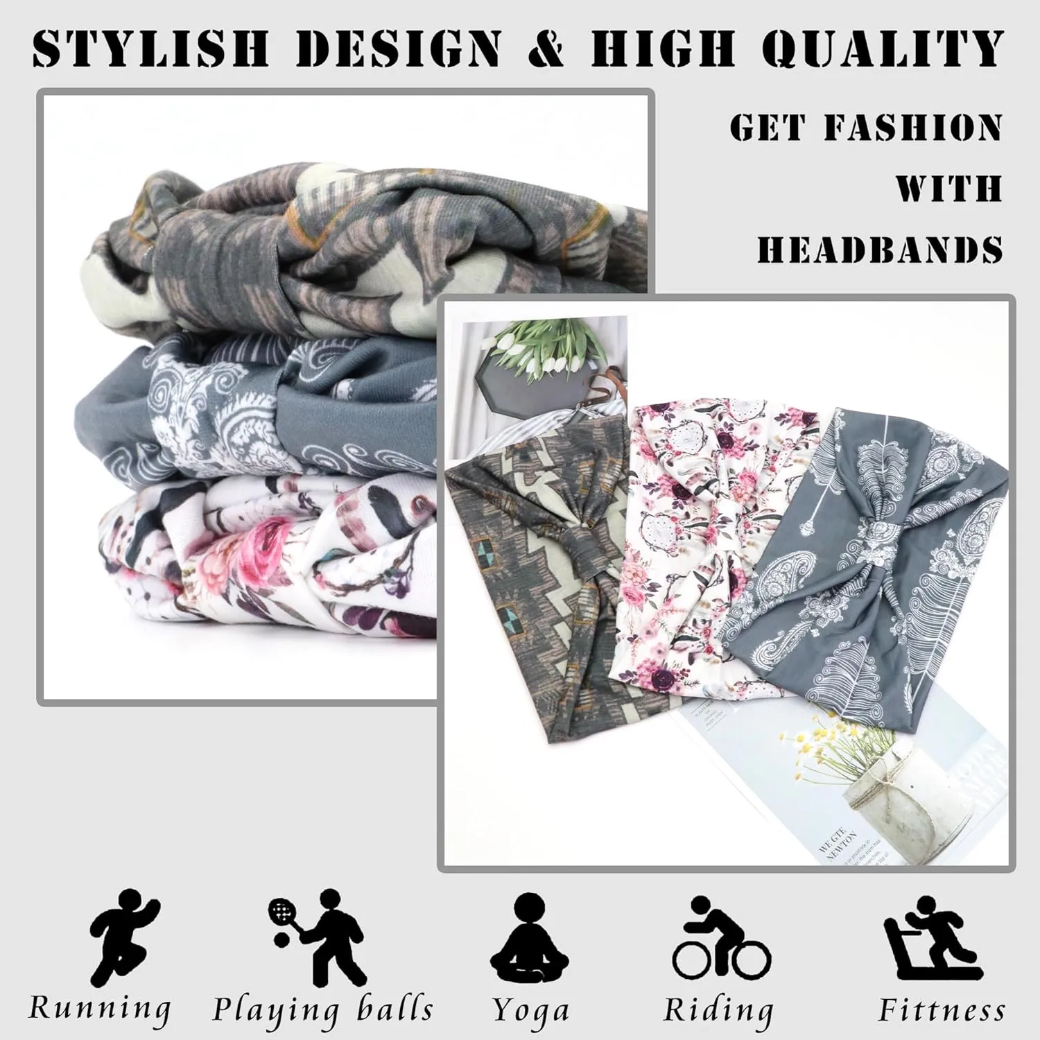 FULZTEY Boho Headbands for Women Fashion Knotted Wide Head Bands Floral Print Hairband Cotton Thick Headwraps Elastic Non Slip Workout Yoga Bandana Large African Turban Hair Accessories 3Pcs