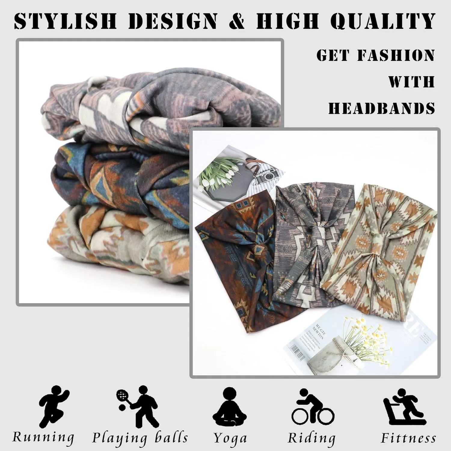 FULZTEY Boho Headbands for Women Fashion Wide Head Bands Floral Print Hairbands Large African Knotted Headwrap Elastic Sport Yoga Workout Turban Thick Cloth Bandanas for Hair Accessories 3Pcs