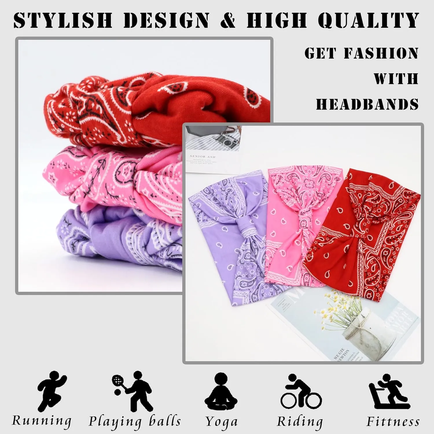 FULZTEY Boho Headbands for Women Wide Knotted Head Bands Paisley Floral Print Hairband Cotton Headwraps Elastic Non Slip Workout Yoga Bandana Large African Turban Fashion Hair Accessories 3Pcs