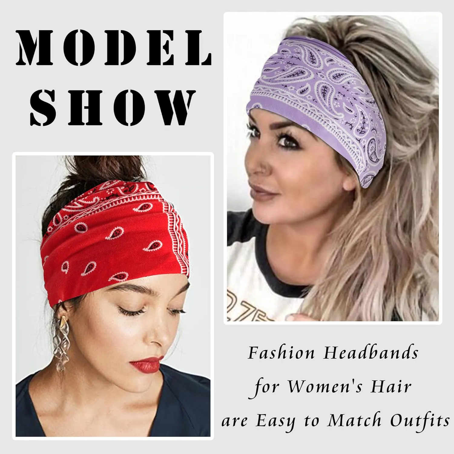 FULZTEY Boho Headbands for Women Wide Knotted Head Bands Paisley Floral Print Hairband Cotton Headwraps Elastic Non Slip Workout Yoga Bandana Large African Turban Fashion Hair Accessories 3Pcs