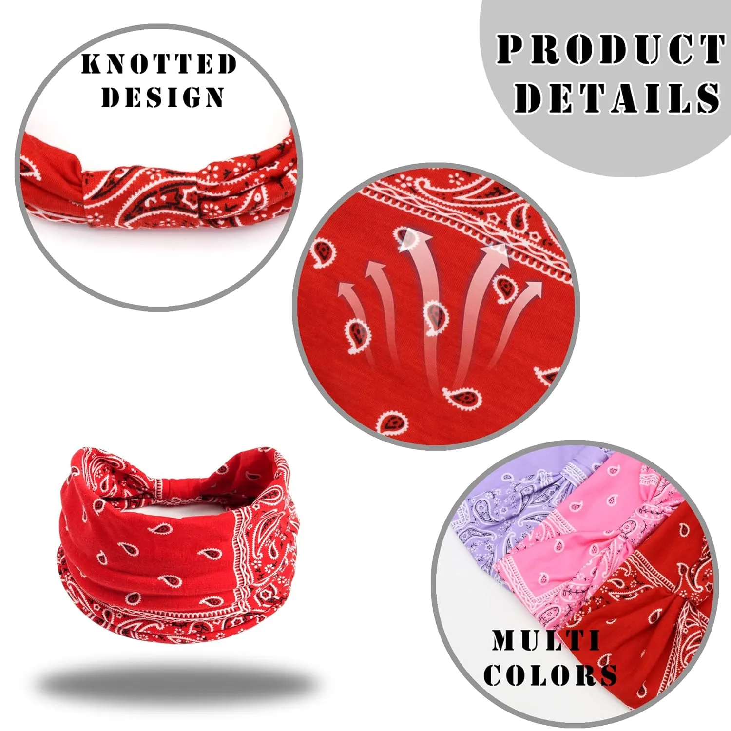 FULZTEY Boho Headbands for Women Wide Knotted Head Bands Paisley Floral Print Hairband Cotton Headwraps Elastic Non Slip Workout Yoga Bandana Large African Turban Fashion Hair Accessories 3Pcs