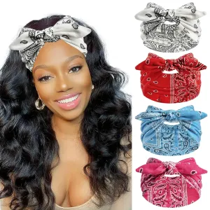 FULZTEY Bow Headbands for Women Wide Hairbands Vintage Large Headwrap Elastic Non Slip Workout Sports Head Band Knotted Thick Turban Cotton Bandanas for Hair Accessories 4Pcs