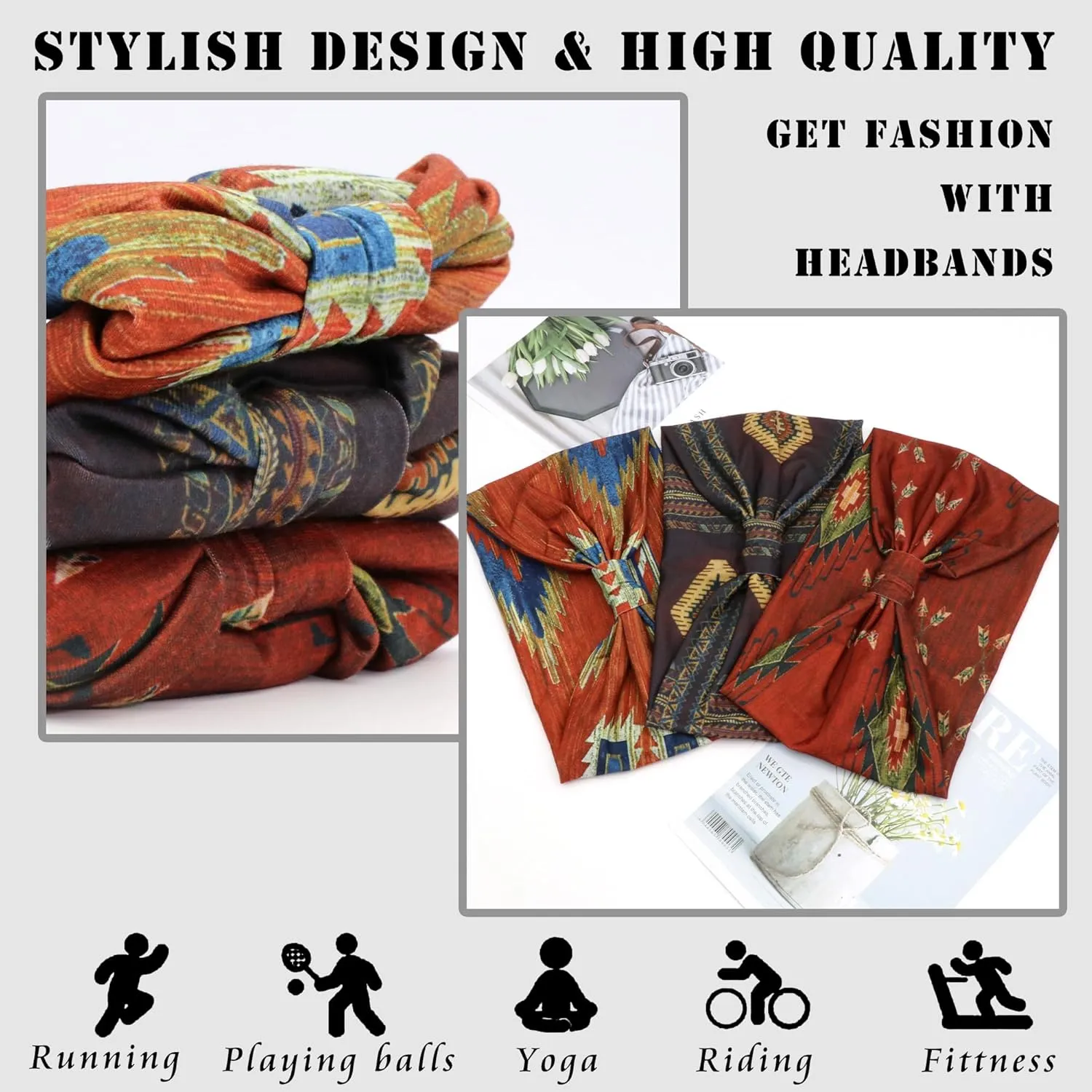 FULZTEY Wide Boho Headbands for Women Fashion Knotted Headwraps Large African Hairband Elastic Yoga Workout Sweat Head Band Thick Cloth Turban Non Slip Bandanas for Hair Accessories 3Pcs