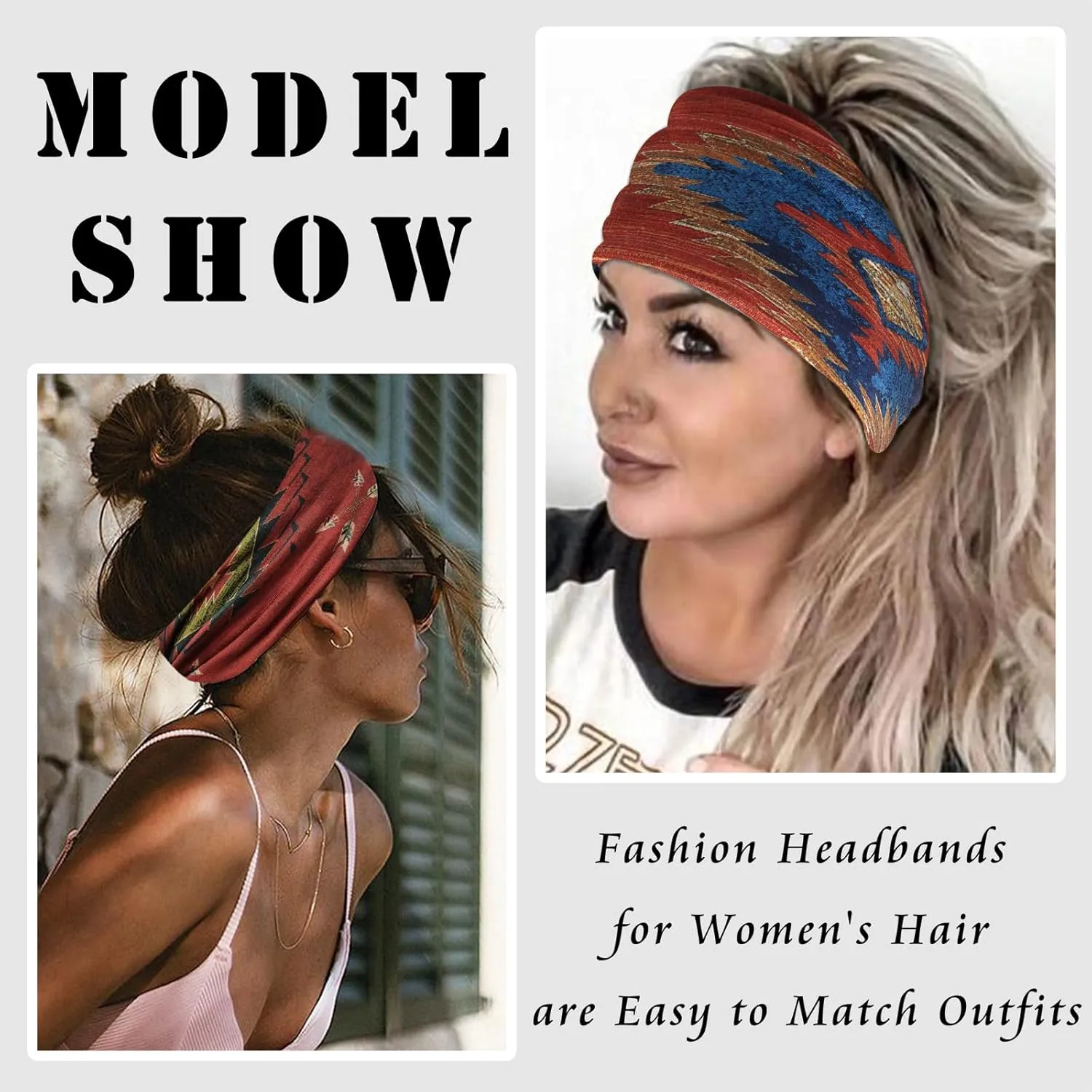 FULZTEY Wide Boho Headbands for Women Fashion Knotted Headwraps Large African Hairband Elastic Yoga Workout Sweat Head Band Thick Cloth Turban Non Slip Bandanas for Hair Accessories 3Pcs