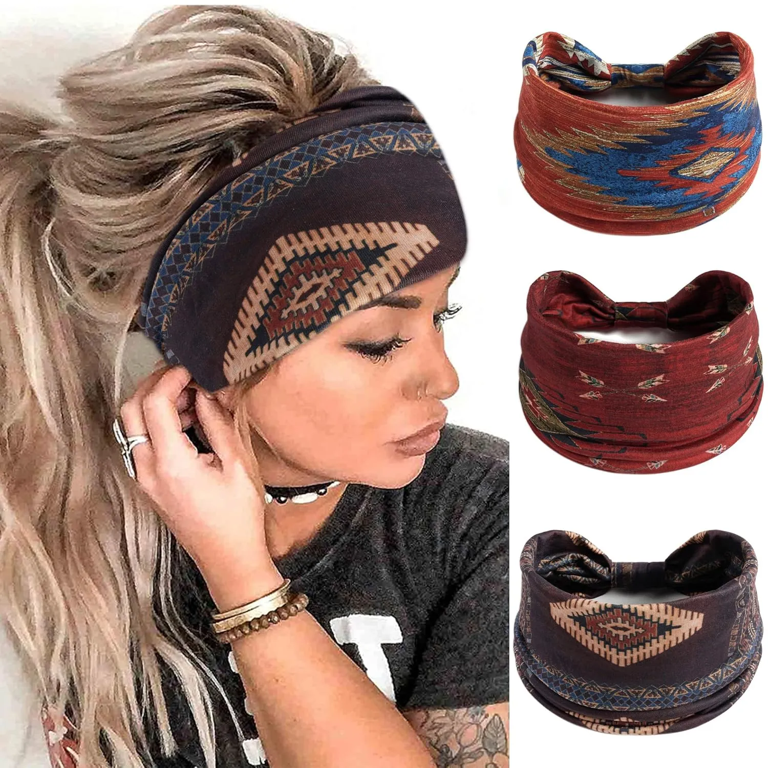 FULZTEY Wide Boho Headbands for Women Fashion Knotted Headwraps Large African Hairband Elastic Yoga Workout Sweat Head Band Thick Cloth Turban Non Slip Bandanas for Hair Accessories 3Pcs