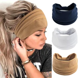 FULZTEY Wide Headbands for Women Boho Head Bands Stretchy Blue Hair Wrap White Hairband Elastic Sport Yoga Workout Bandana Knotted Turban Solid Color Hair Accessories for Girls Pack of 3