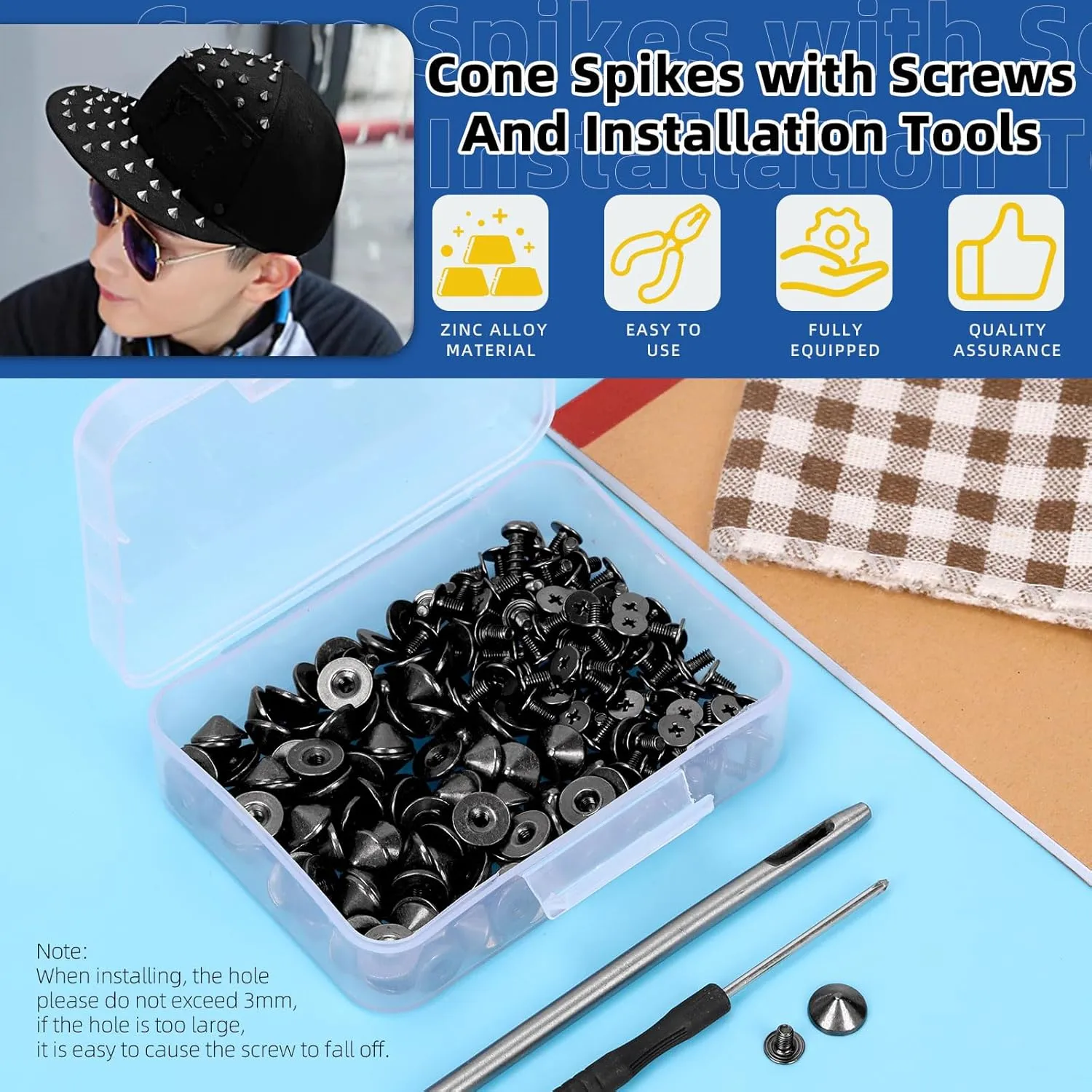 Glarks 100 Sets Gun Cone Spikes and Studs Kit 4.7mm Bullet Spikes Screw Back Punk Studs and Spikes with Installation Tools Leather Craft Rivet Screws for Clothing Shoes Leather Belts Bag Accessories