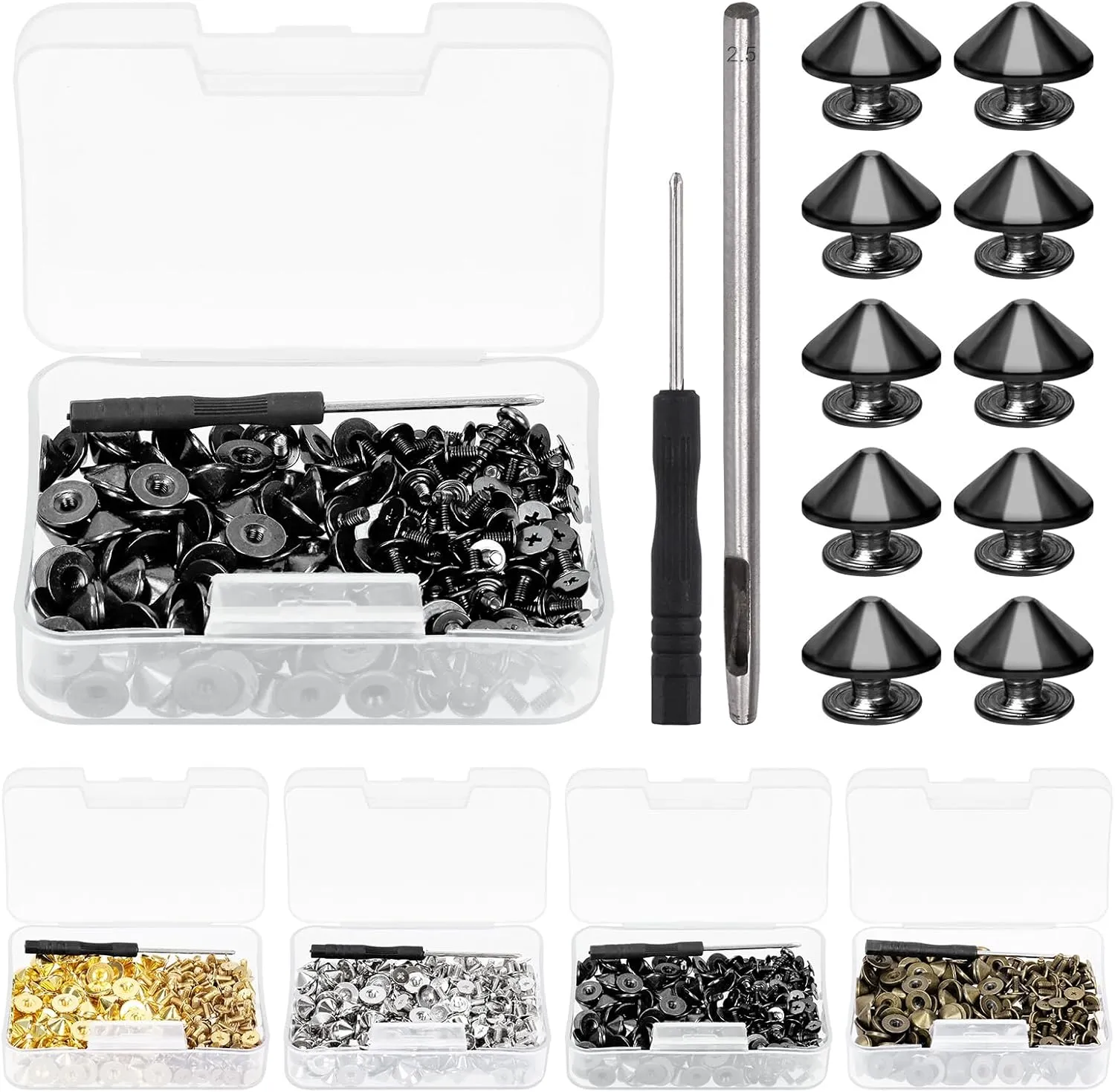 Glarks 100 Sets Gun Cone Spikes and Studs Kit 4.7mm Bullet Spikes Screw Back Punk Studs and Spikes with Installation Tools Leather Craft Rivet Screws for Clothing Shoes Leather Belts Bag Accessories