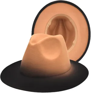 Gradient Color Fedora Hat for Women Men Wide Brim Two-Tone Hat Panama Jazz Hat with Belt Buckle