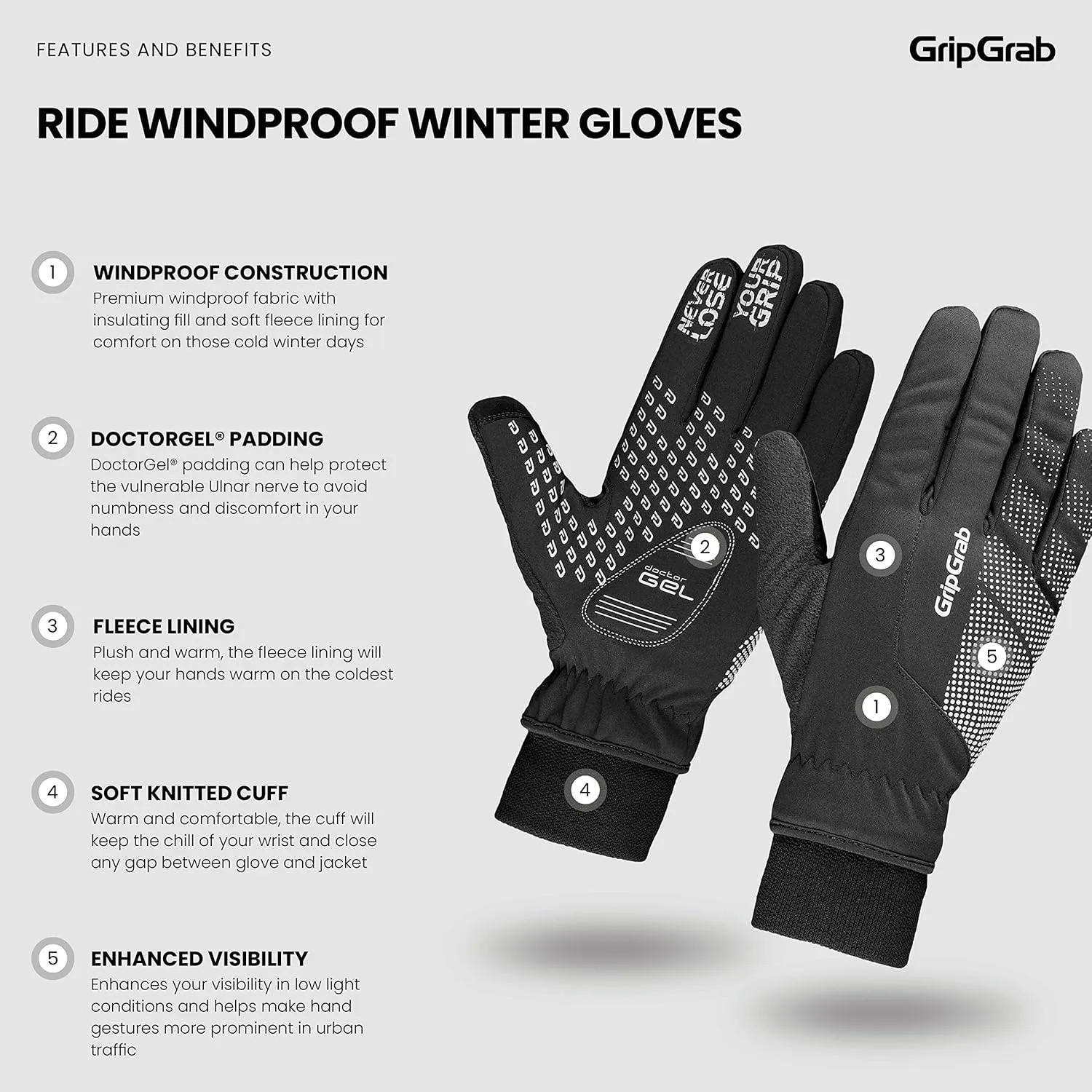 GripGrab Ride Windproof Winter Padded Cycling Gloves Full Finger Breathable Biking Gloves Thermal Fleece Lined Cold Weather Bike Riding Gloves for MTB Gravel Road Bike