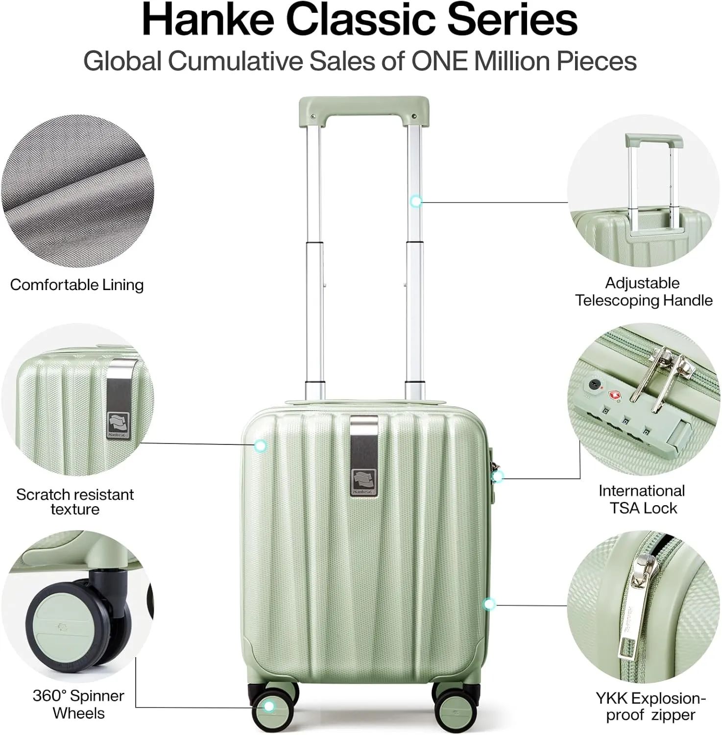 Hanke 14 Inch Underseat Carry On Luggage with Wheels Hard Shell Suitcases Carry On Bag Lightweight Small Mini Suitcase Travel Luggage for TravelBamboo Green