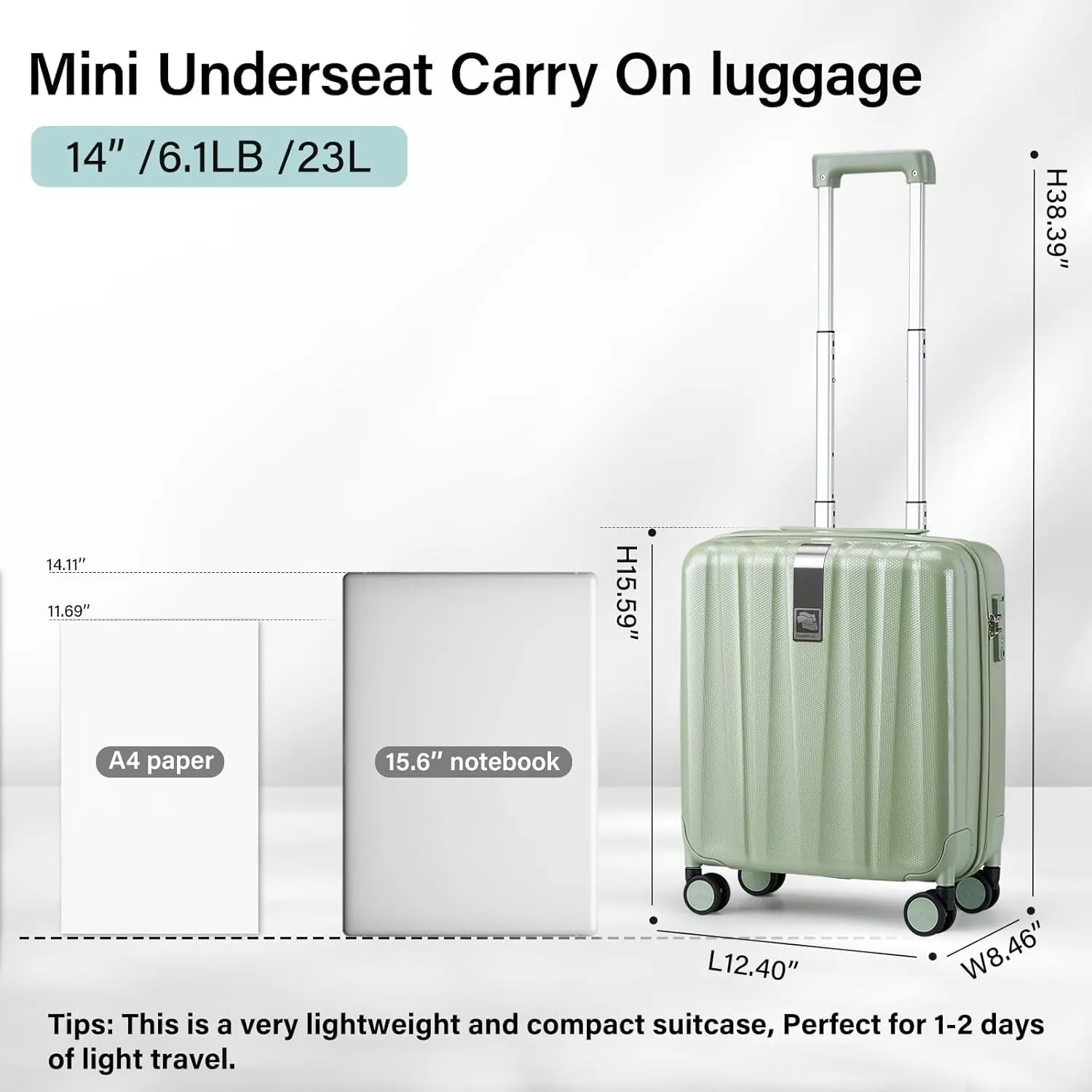 Hanke 14 Inch Underseat Carry On Luggage with Wheels Hard Shell Suitcases Carry On Bag Lightweight Small Mini Suitcase Travel Luggage for TravelBamboo Green