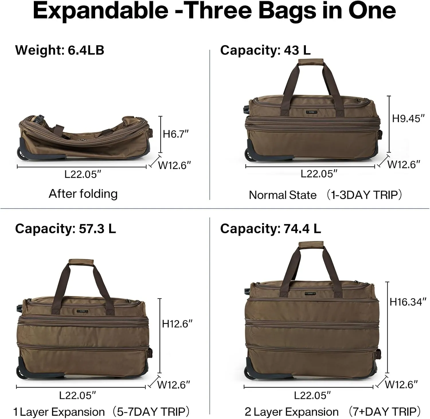 Hanke 20 Inch Expandable Carry On Luggage Suitcases with Wheels Foldable Duffle Bag for Travel Carry On suitcase Weekend Bag for Women MenCoffee
