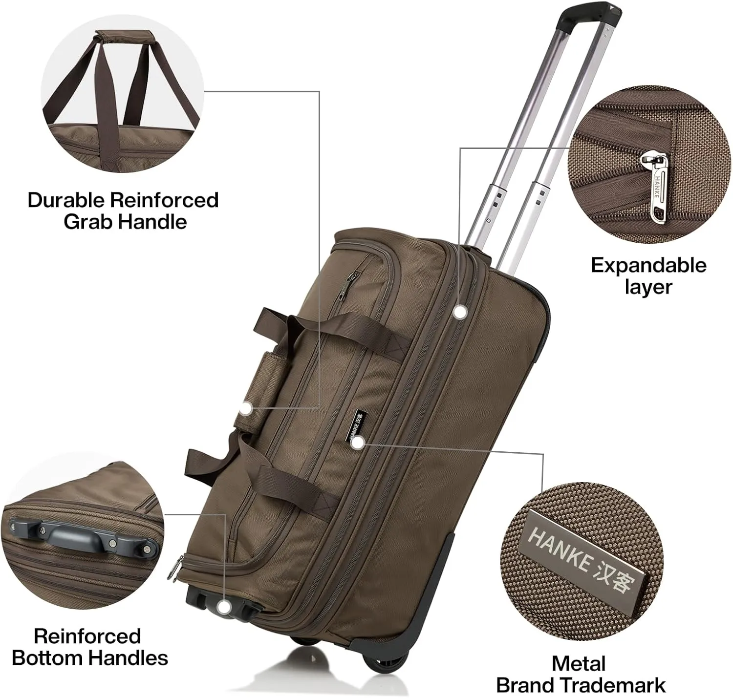 Hanke 20 Inch Expandable Carry On Luggage Suitcases with Wheels Foldable Duffle Bag for Travel Carry On suitcase Weekend Bag for Women MenCoffee