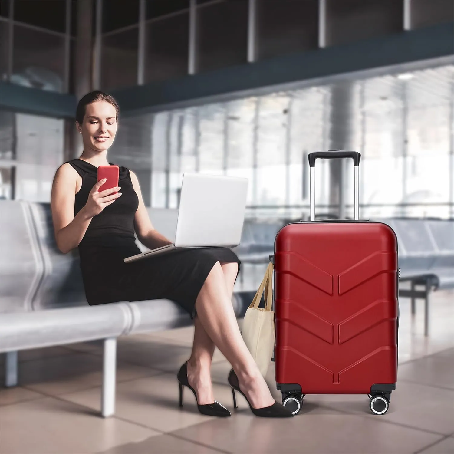 Hardside Carry On Luggage 22x14x9 Airline Approved with Spinner Wheels, 20-inch Carry-On Suitcase for Women & Men, Red