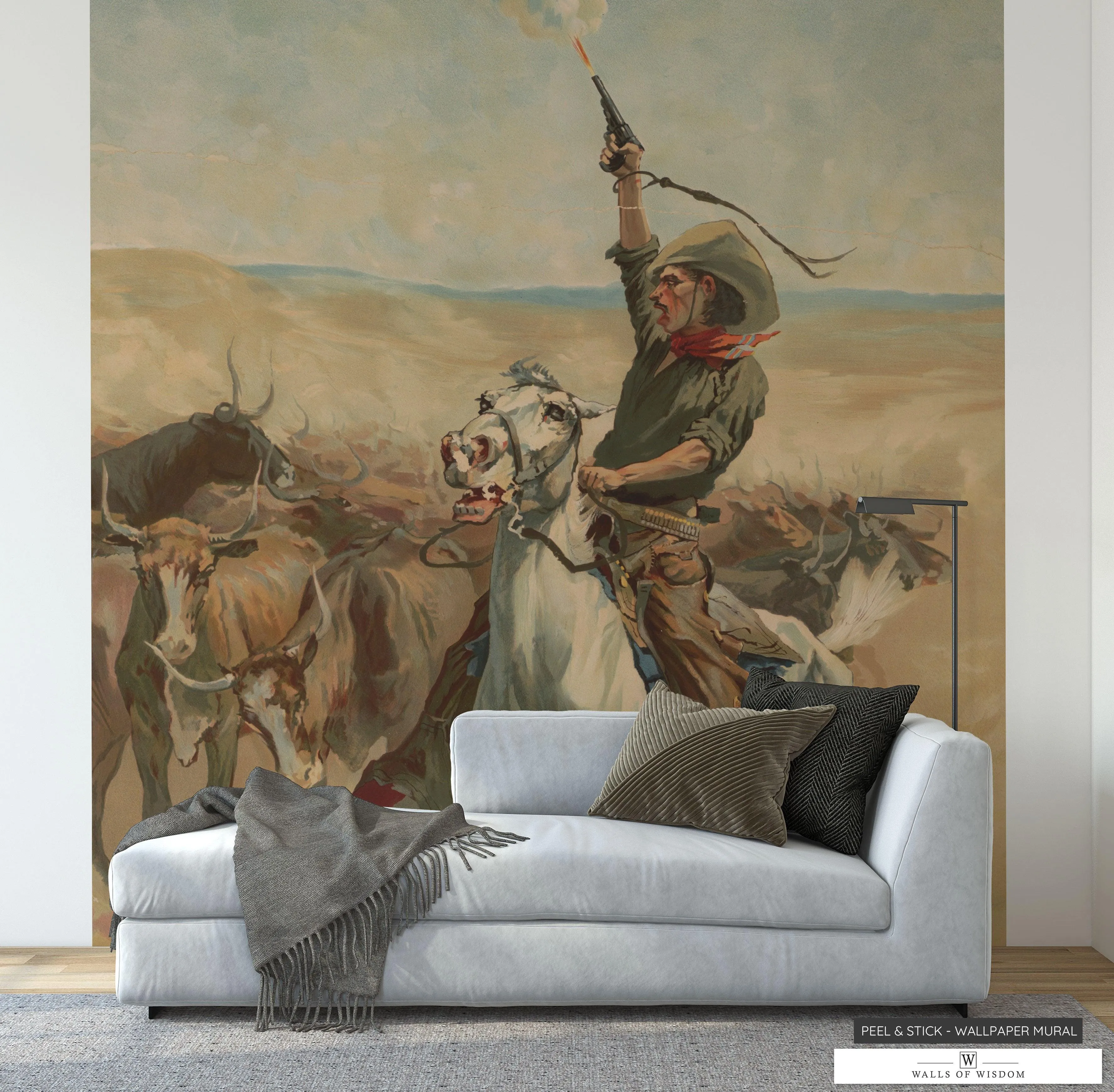 Heading a Stampede’ Lux Western Mural: Cowboy & Bulls in Earth Tones Peel and Stick