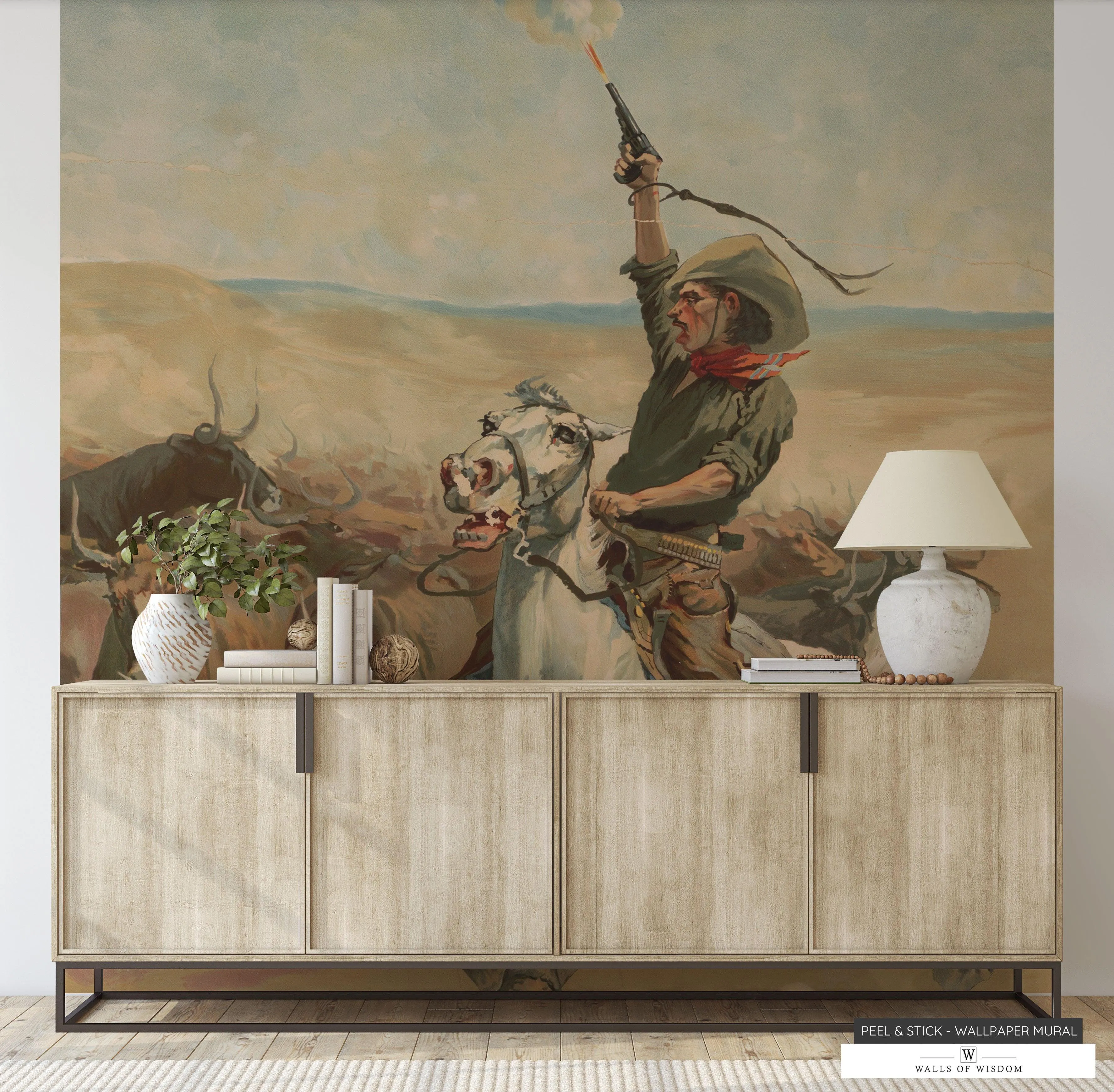 Heading a Stampede’ Lux Western Mural: Cowboy & Bulls in Earth Tones Peel and Stick
