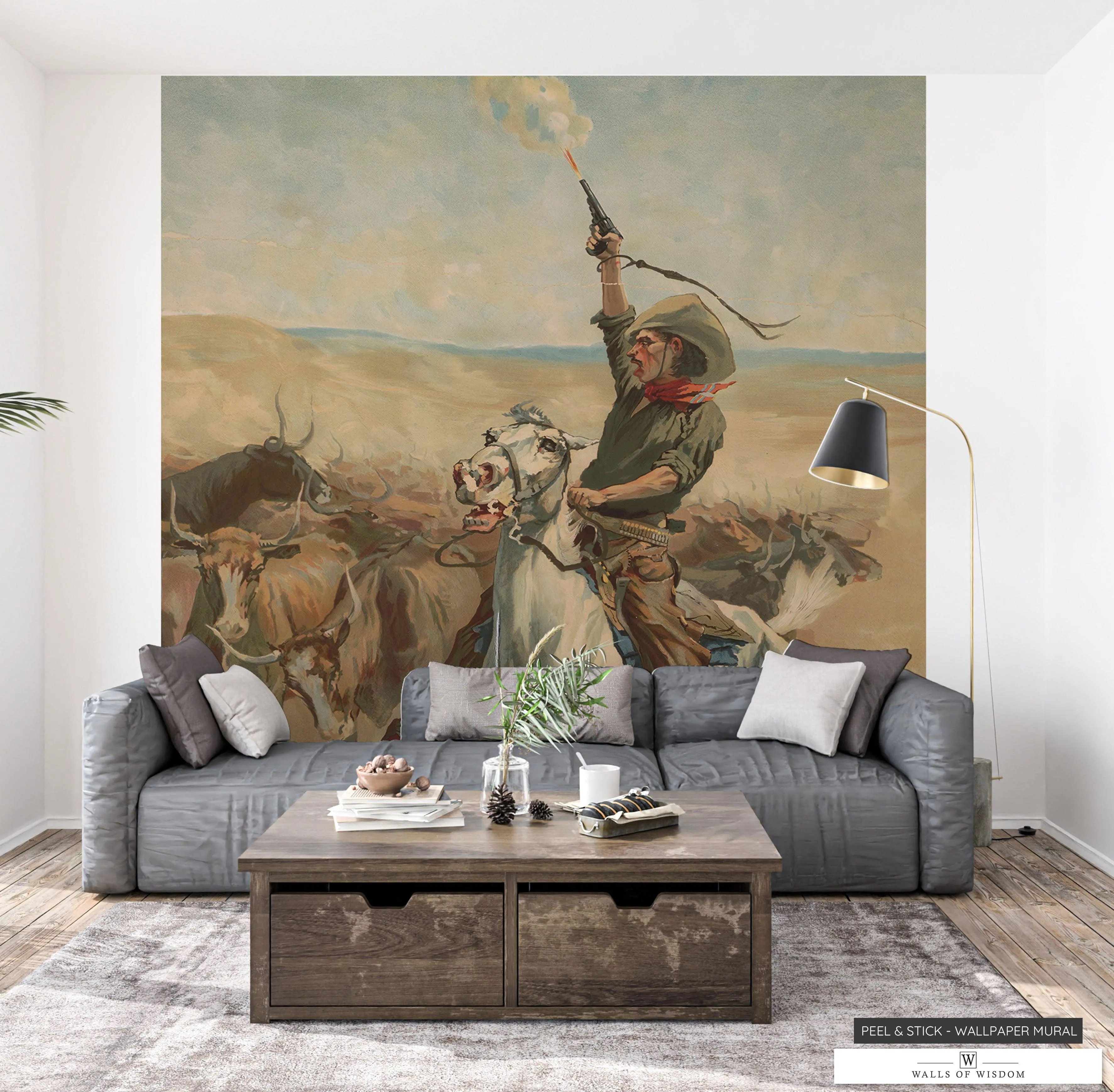 Heading a Stampede’ Lux Western Mural: Cowboy & Bulls in Earth Tones Peel and Stick