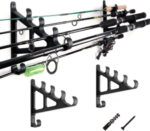 Horizontal Fishing Rod Rack Rod Holders for Wall Storage - Wall Mounted Fishing Rod Rack with Hook,Holds 4 Rods, Space Saving for Fishing RodsHiking Poles, Ski Poles, Hockey Sticks and Cue