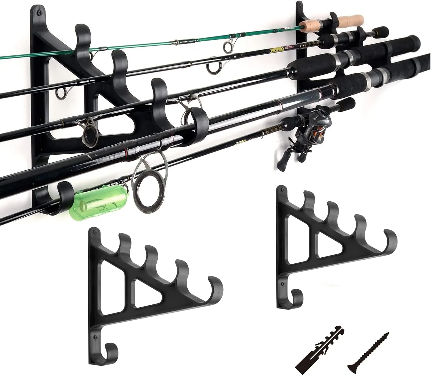 Horizontal Fishing Rod Rack Rod Holders for Wall Storage - Wall Mounted Fishing Rod Rack with Hook,Holds 4 Rods, Space Saving for Fishing RodsHiking Poles, Ski Poles, Hockey Sticks and Cue