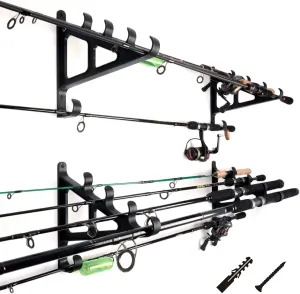 Horizontal Fishing Rod Rack Rod Holders for Wall Storage - Wall Mounted Fishing Rod Rack with Hook,Holds 4 Rods, Space Saving for Fishing RodsHiking Poles, Ski Poles, Hockey Sticks and Cue