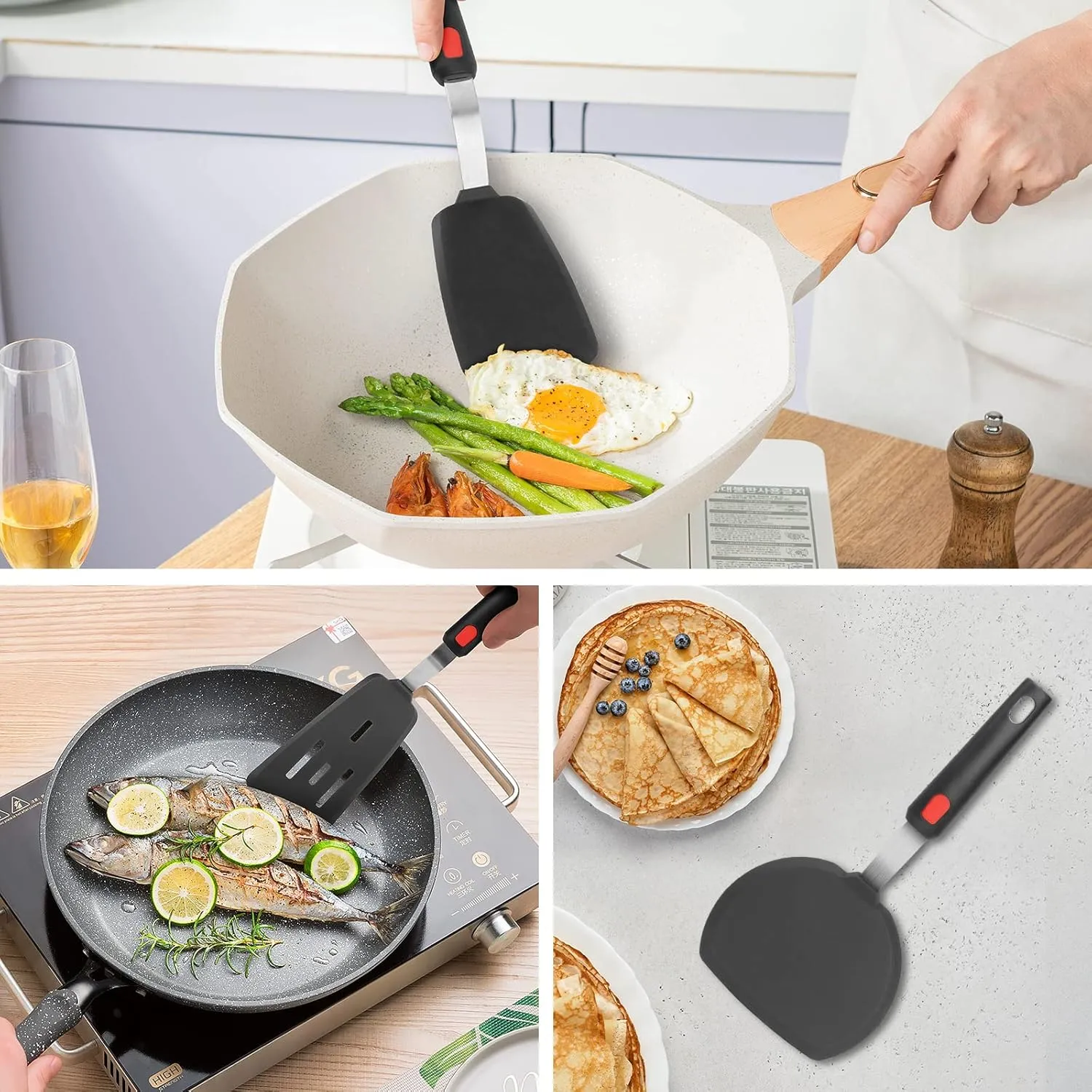 Hotec Silicone Spatula Turner for Nonstick Cookware, Cooking Spatulas 600F Heat Resistant Large Flexible Rubber Spatula Set of 3, Kitchen Utensils for Flipping Eggs, Burgers, Pancakes, Crepes